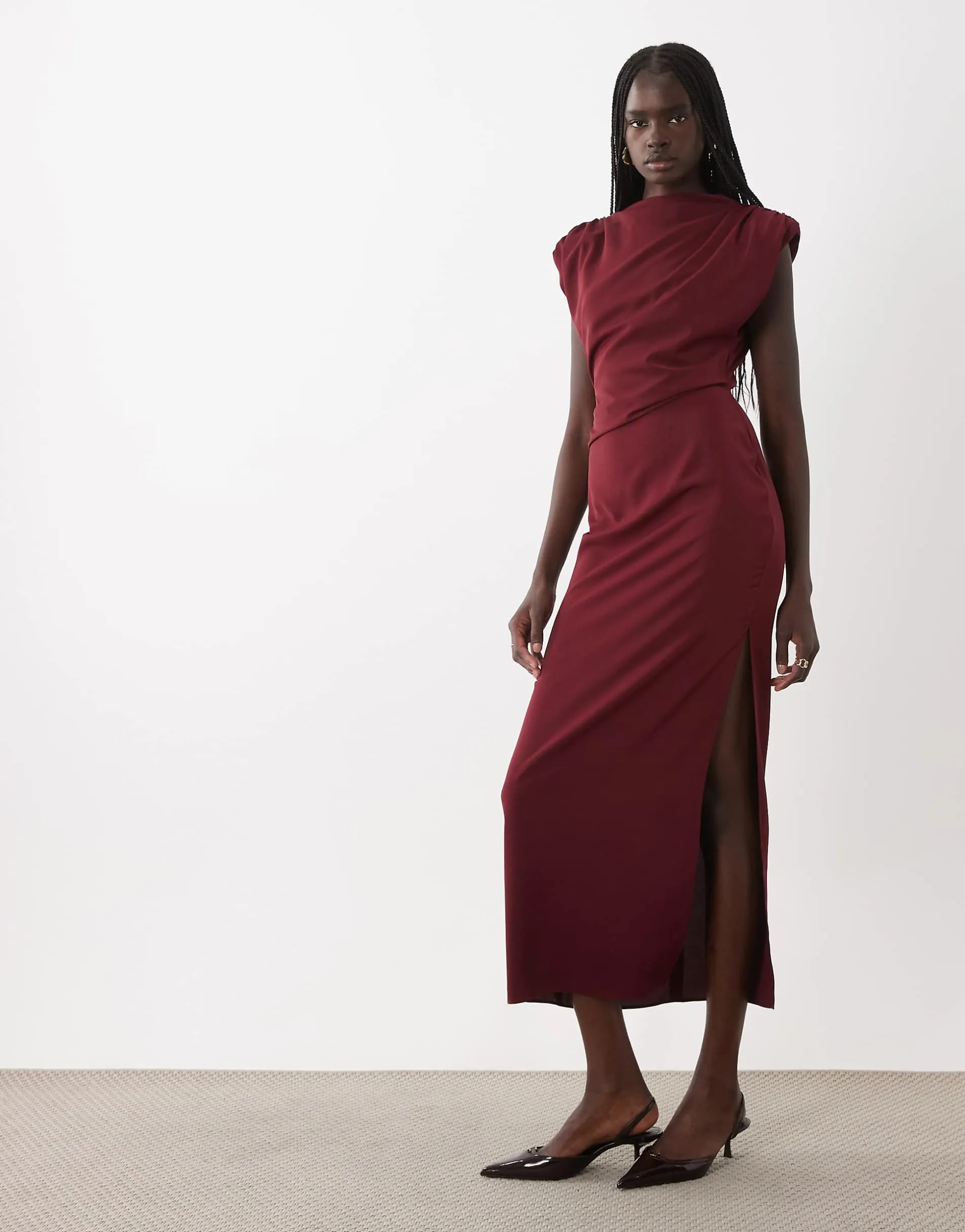 ASOS DESIGN slinky shoulder pad maxi dress with tuck waist detail in burgundy