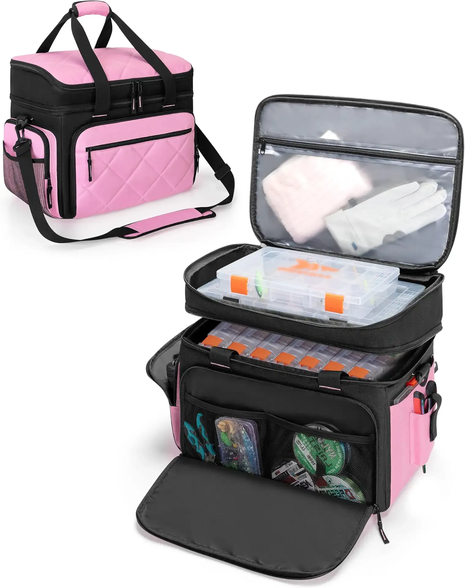 Smasrob Fishing Tackle Bag with Large Lure Boxes Pocket and Extra Top Tackle Trays Pocket, Fish Bag for Saltwater and Freshwater (Tackle Trays Not Included), Pink