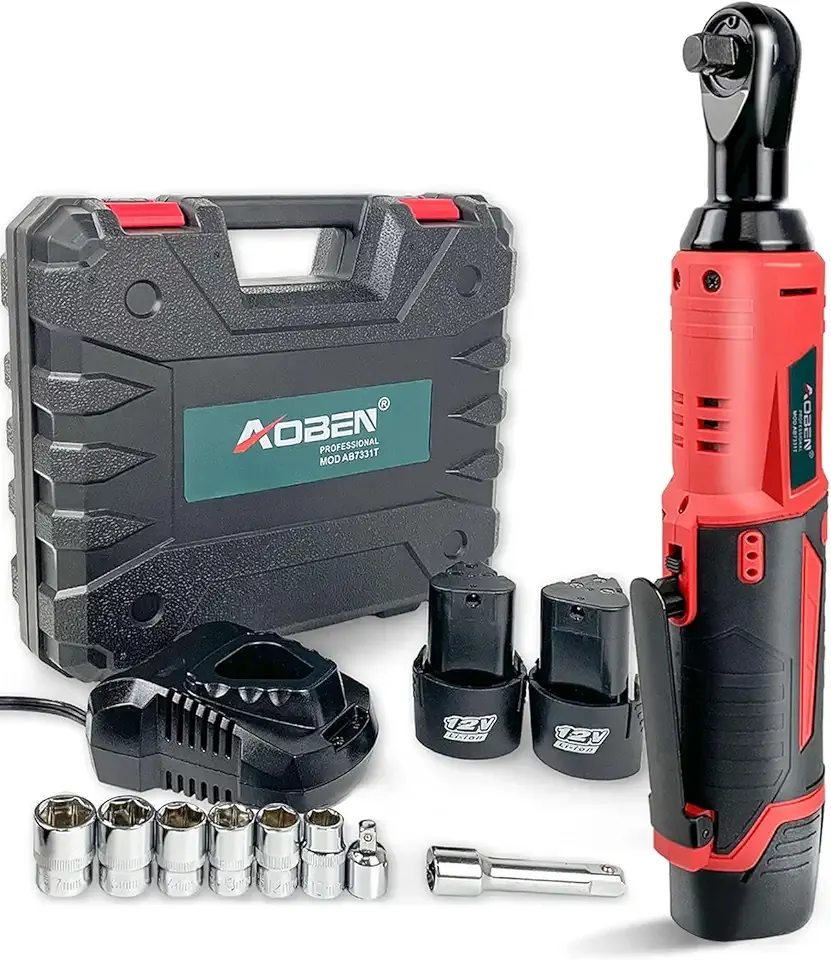 AOBEN Cordless Electric Ratchet Wrench Set, 3/8" 12V Power Ratchet Tool Kit With 2 Packs 2000mAh Lithium-Ion Battery And Charger