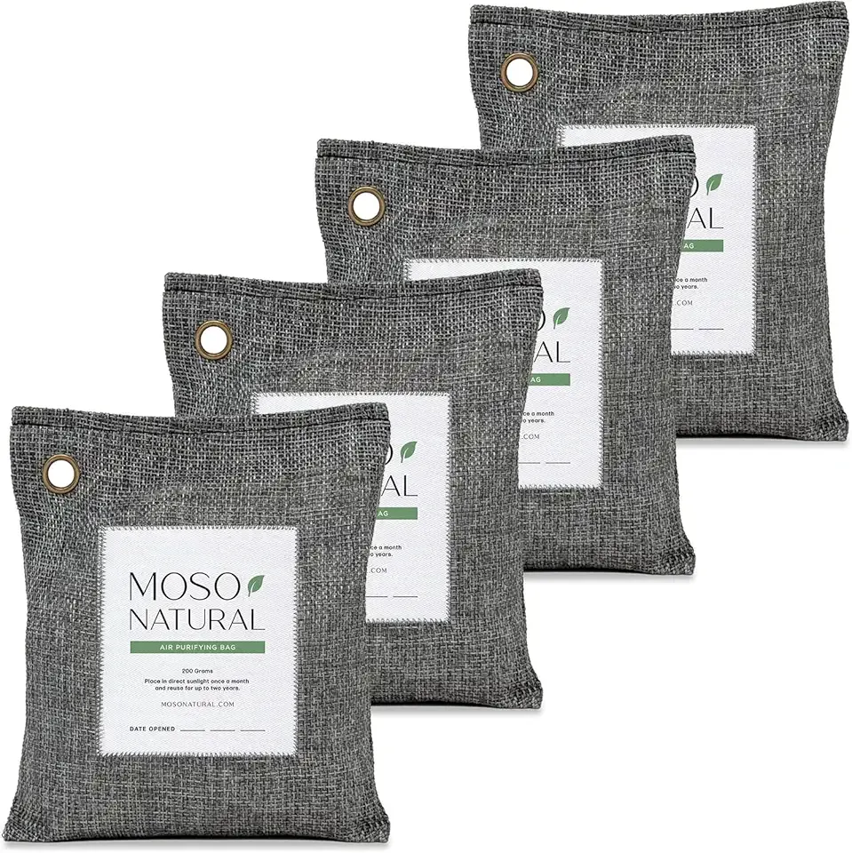 Moso Natural Air Purifying Bag 200g (4 Pack) | Premium Bamboo Charcoal Odor Absorber for Home & Car | Closet Odor Eliminator, Small Room Deodorizer & Car Air Freshener | Long Lasting Charcoal Bags