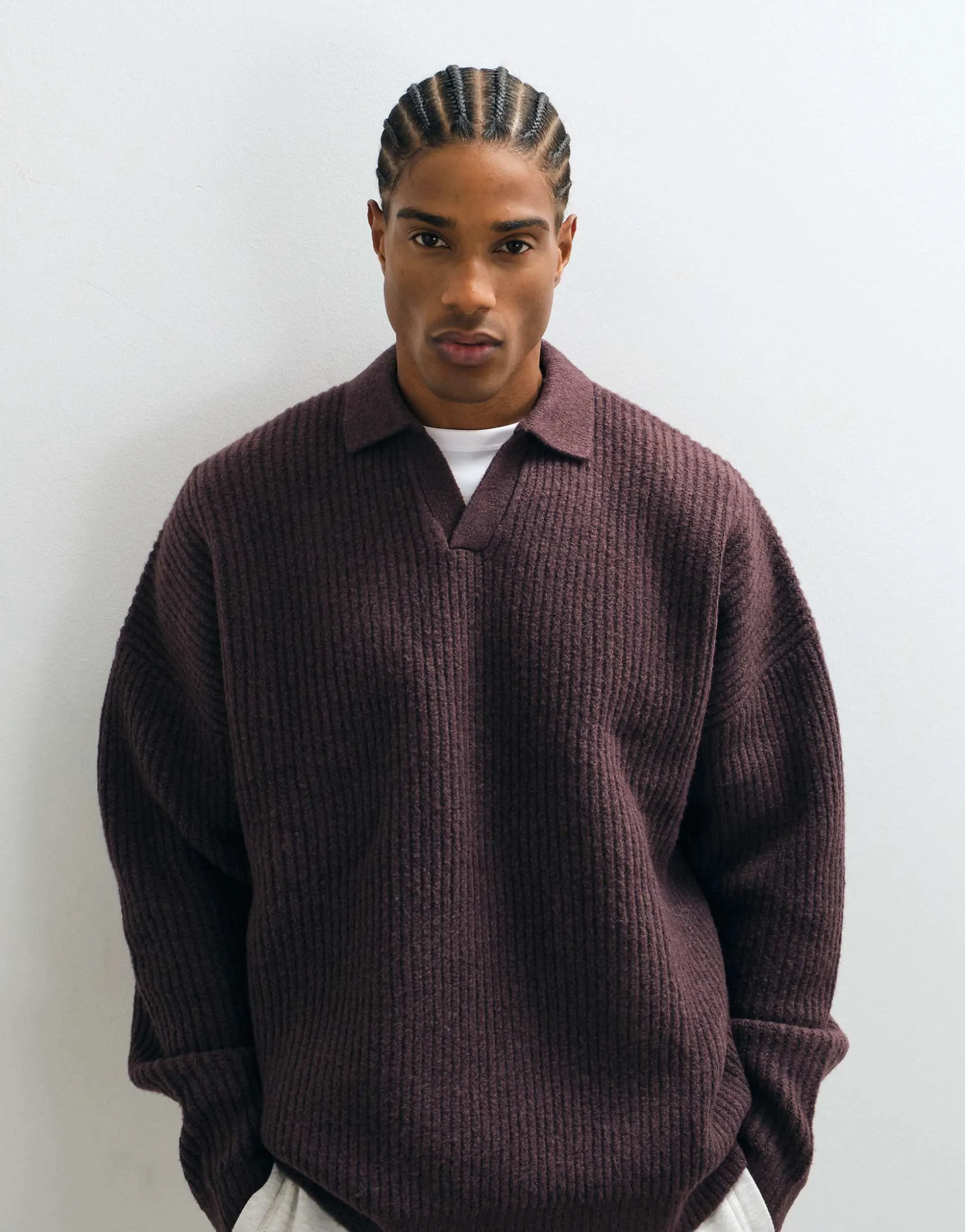 ASOS DESIGN extreme oversized knitted notch neck jumper in burgundy
