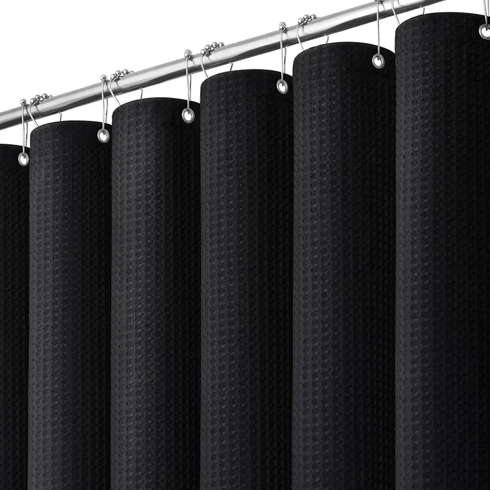 Waffle Shower Curtain 256 GSM Heavy Duty Fabric 72"x72" Black | Thick Textured Cloth, Weighted Hem, Water Repellent Washable, Hotel Luxury Polyester Shower Curtain Set for Bathroom 12 Hooks