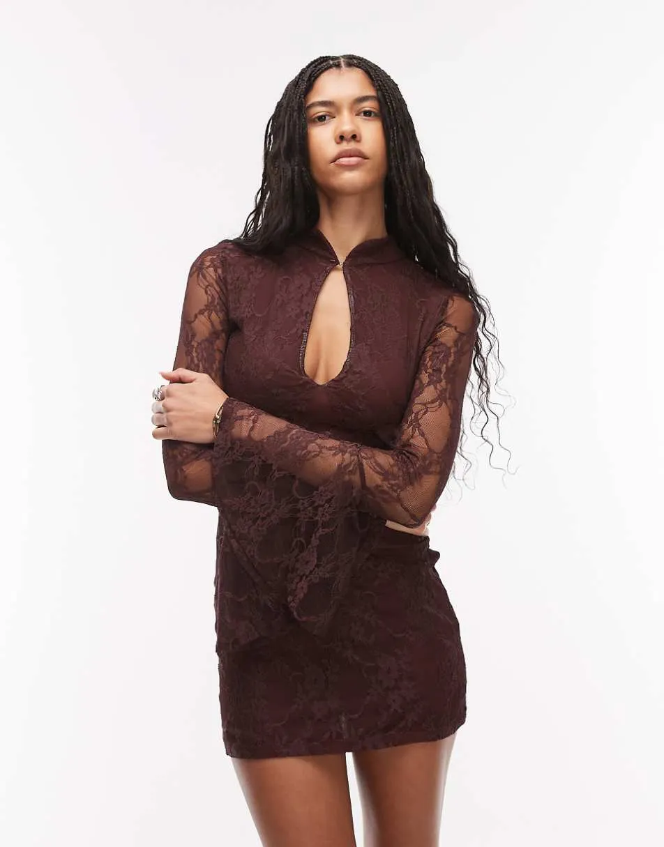 ASOS DESIGN lace mini flute sleeve dress with mandarian collar in chocolate