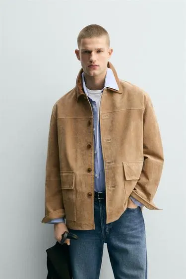 CONTRAST COLLAR LEATHER SPLIT SUEDE JACKET