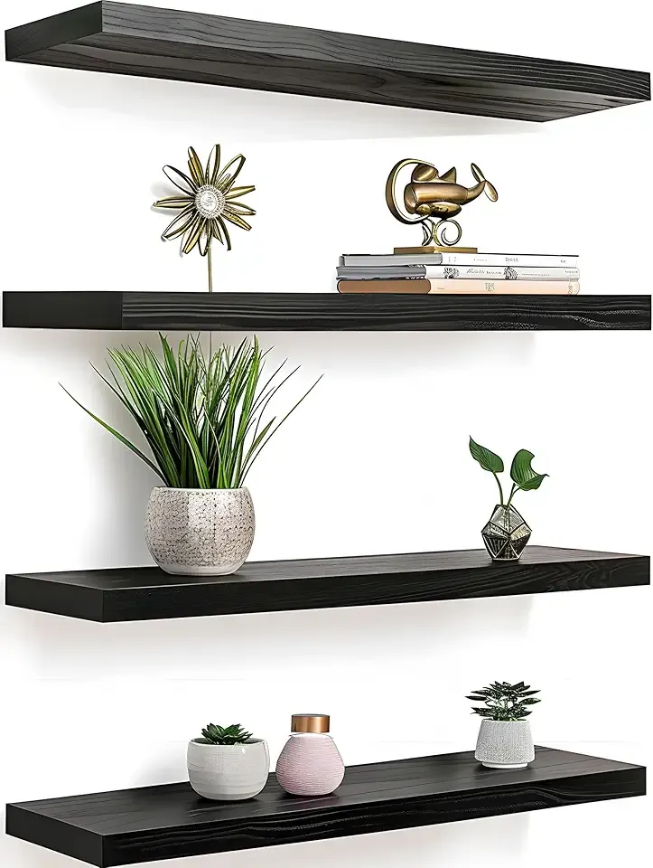 Black Wood Floating Shelves for Wall Rustic Wall Shelf for Bedroom Living Room Set of 4