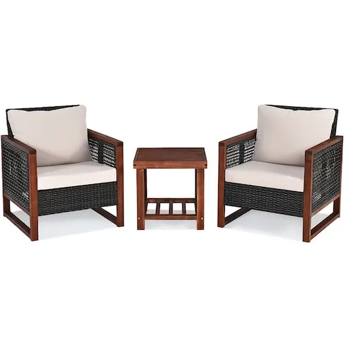 3PCS Patio Wicker Furniture Set Solid Wood Frame Cushion Sofa Square Table Shelf