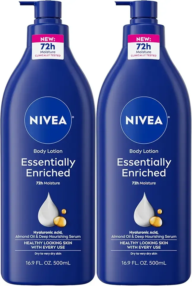 NIVEA Essentially Enriched Body Lotion for Very Dry Skin with Hyaluronic Acid, Almond Oil and Deep Nourishing Serum, 72-Hour Body Moisturizer, 16.9 Fl Oz Pump Bottle, Pack of 2