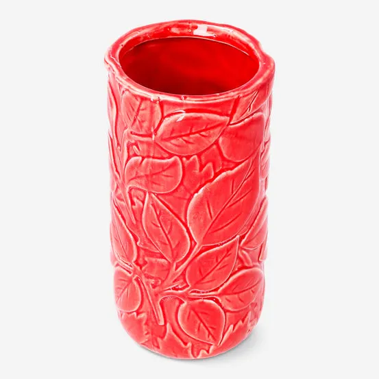 Rød vase med preget bladdesign - 16 cm