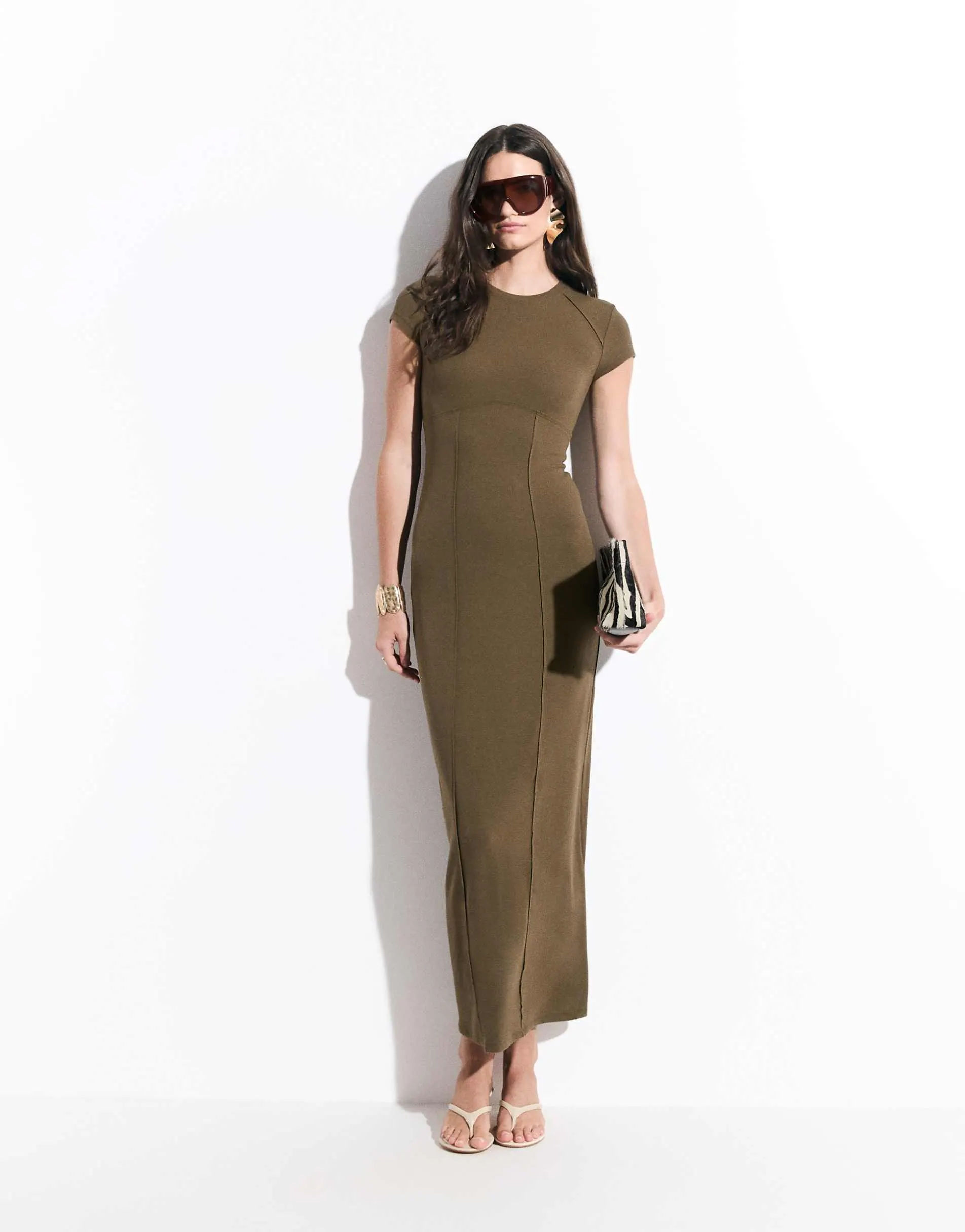 ASOS DESIGN seam detail short sleeve midi dress in khaki