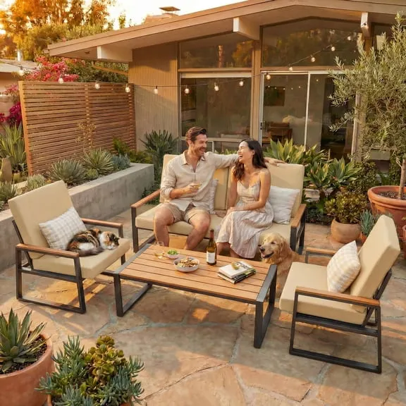 Lofka 4-Piece Outdoor Patio Furniture Set, Metal Conversation Set with Coffee Table & Removable Cushions, Weather Resistant for Yard Poolside, Beige