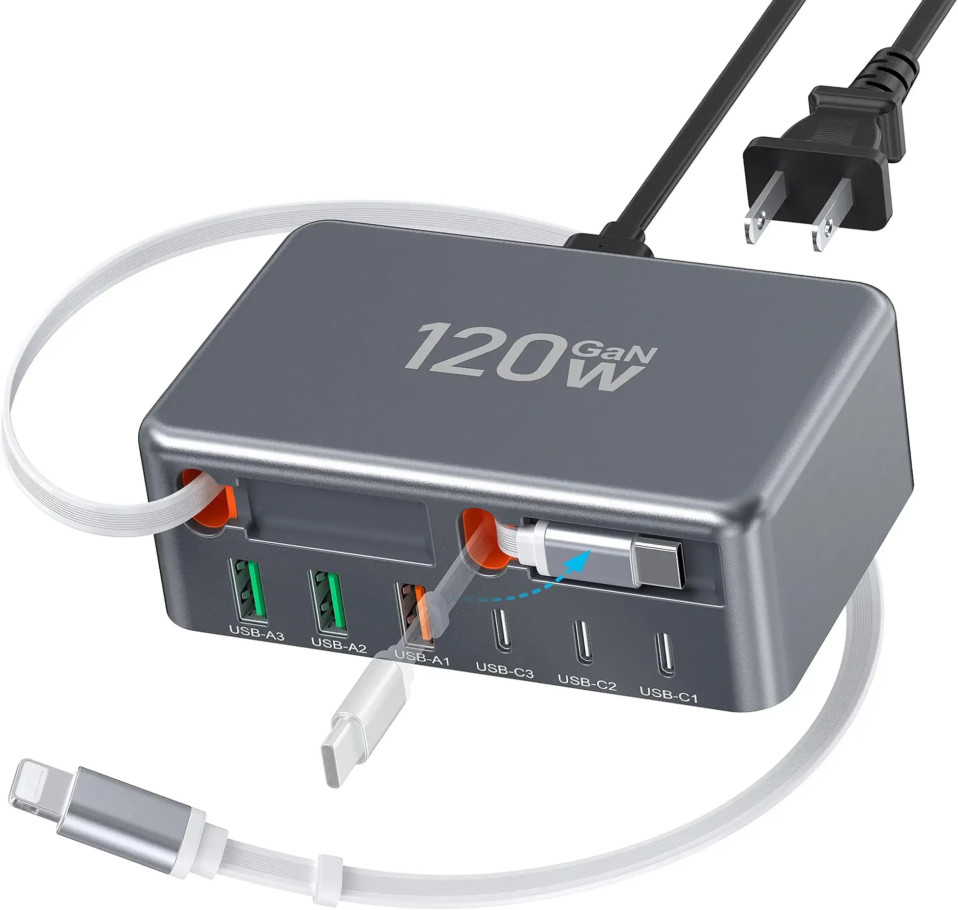 2026 Updated USB-C Fast Charging Station, 120W GaN 8-Port Retractable Charger Adapter, Includes 2.3ft Lightning+Type-C Dual Cable, Wall Charger Block Plug Cube for iPhone 17/16/15,iPad,Pixel, Galaxy