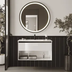 Mueble de Baño Suspendido con Lavabo Cerámico | Mueble Volado 1 Cajón y 1 Hueco | 60 cm Blanco Brillo Tirador Negro