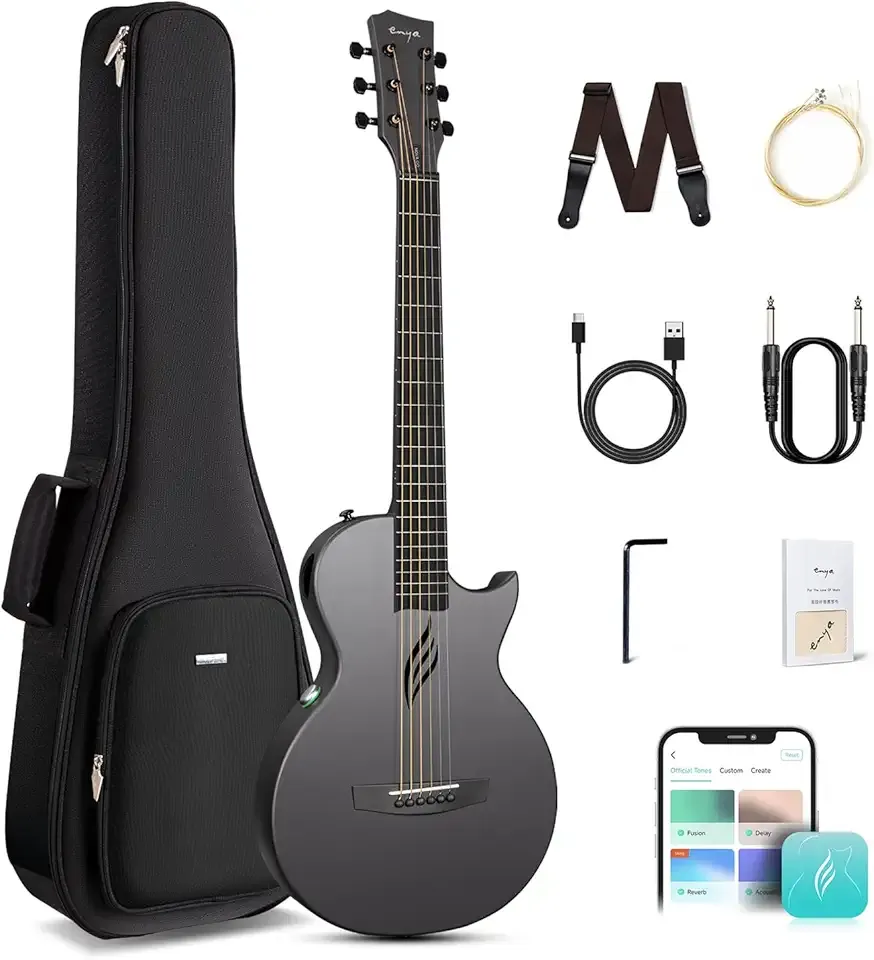 Enya NOVA GO SP1 Carbon Fiber Travel Guitar - 35" Acoustic Electric with Smart AcousticPlus Technology, Built-in Effects, USB Recording, Bluetooth Speaker, Beginner Bundle with Gig Bag & Accessories