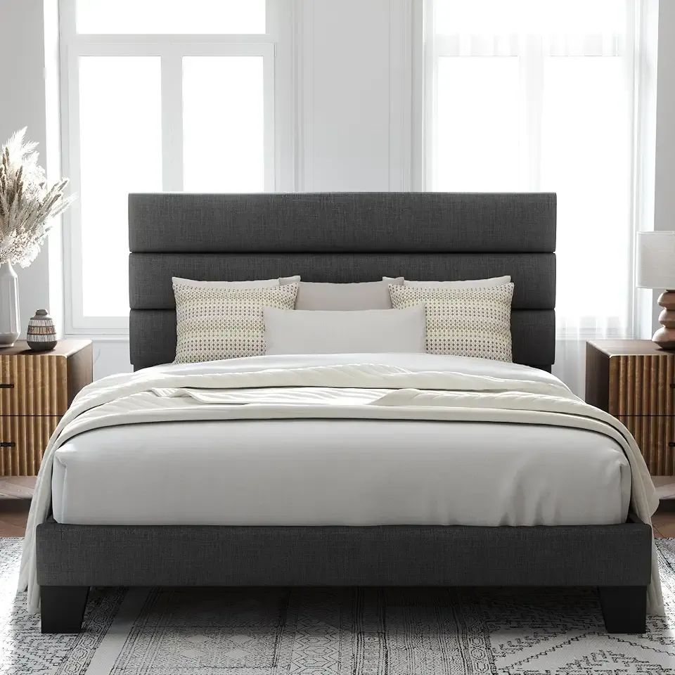 Allewie Full Size Platform Bed Frame with Fabric Upholstered Headboard and Wooden Slats Support, Fully Upholstered Mattress Foundation/No Box Spring Needed/Easy Assembly, Dark Grey