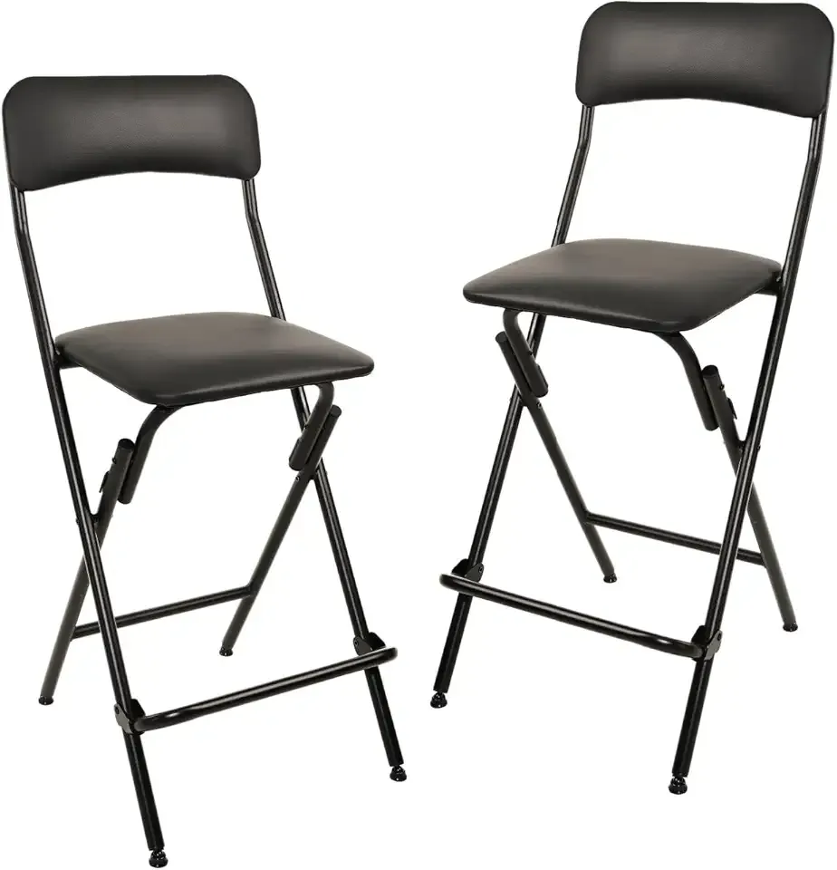 Amazon Basics Folding Bar Stool with Footrest, Portable, Sturdy, Space-Saving Storage, 300lb Capacity, 24" Height, Black, Set of 2