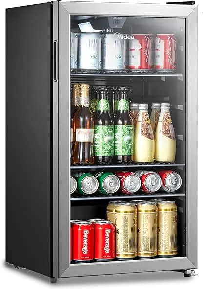 Midea MERV115T3AST 115 Cans Beverage Refrigerator with Adjustable Temperature, Removable Glass Shelf, LED Light, Silver Midea MERV115T3AST 115 Cans Beverage Refrigerator w…
