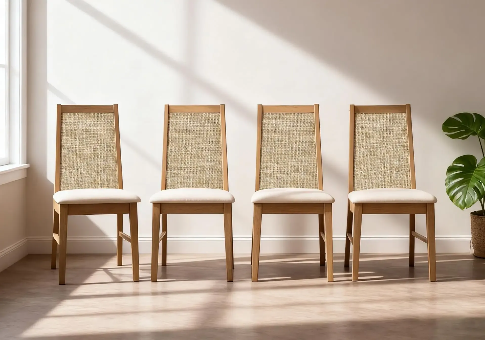 SICOTAS Wood Dining Chairs Set of 4 - Rattan Dining Room Chairs with Solid Wood Leg, Farmhouse Upholstered Kitchen Chairs High Back, Modern Armless Dining Chair for Dining Room, Kitchen, Oak, 4PCS