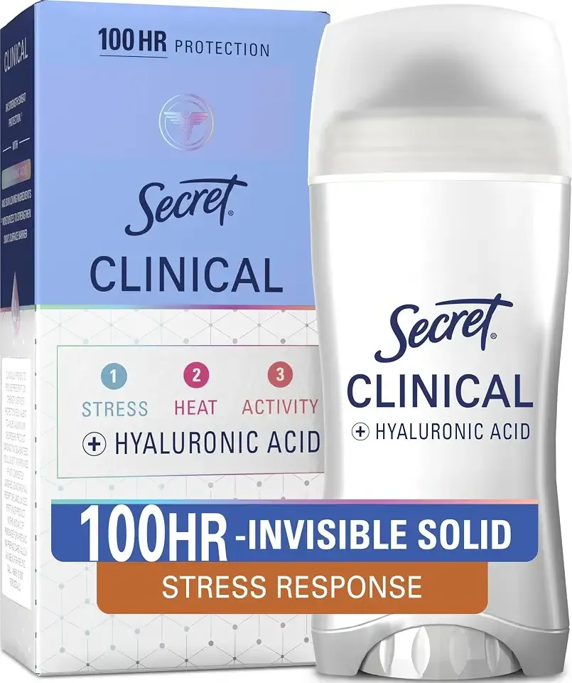 Secret Clinical Strength 100HR Sweat & Odor, Stress Response Invisible Solid Antiperspirant Deodorant for Women, 3X Stress Protection with Hyaluronic Acid, PH Balancing Minerals, 2.6 oz