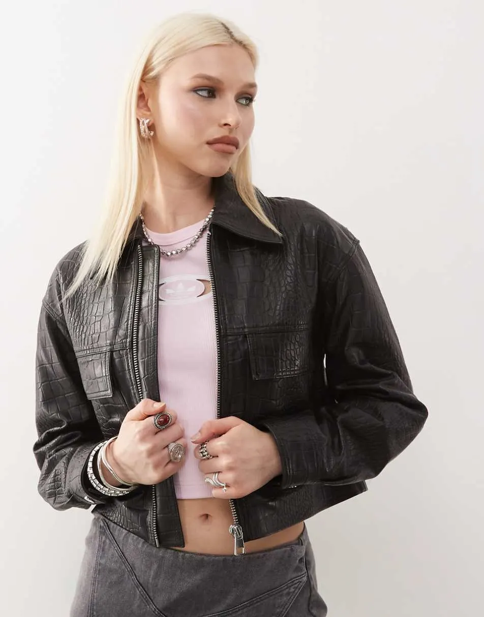 Barneys originals real leather croc print jacket in black