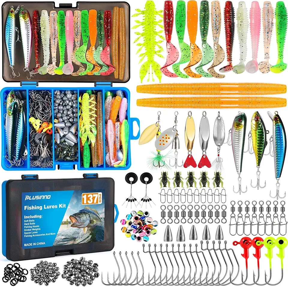PLUSINNO Fishing Lures, 137Pcs Tackle Box with Tackle Included, Crankbaits, Spoon, Hooks, Weights & Other Accessories, Fishing Bait Lure Gear Kit Gift for Men Bass Freshwater