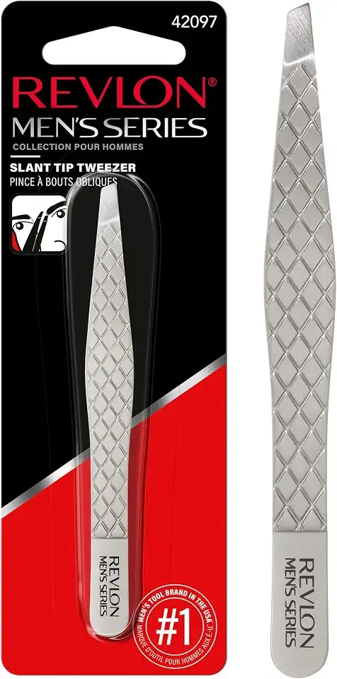 Revlon Slanted Tip Tweezers for Men, Ultra-Sharp for Precision Eyebrow Shaping and Facial Hair Removal, Larger Non-Slip Grip, Stainless Steel, 1 count