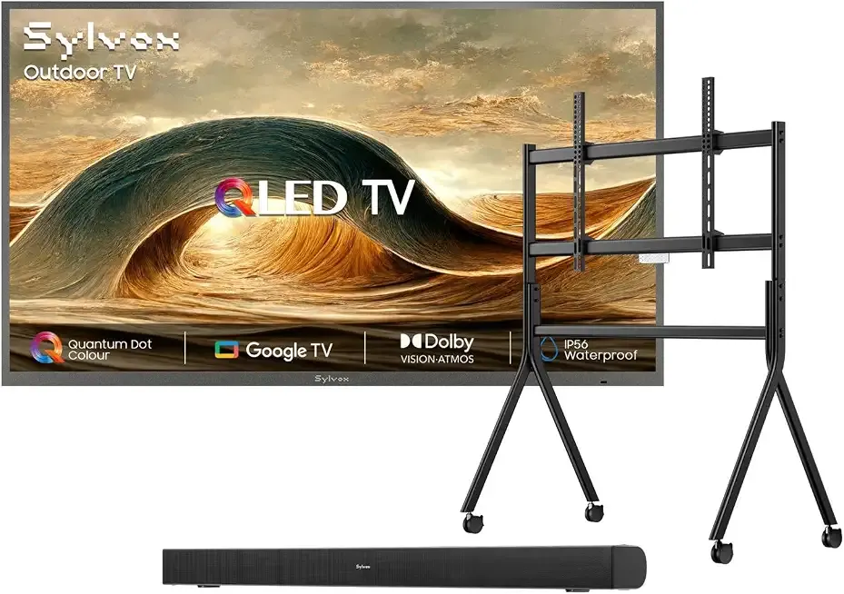 SYLVOX Outdoor TV with Rolling Stand & Soundbar, 75 inch 4K UHD QLED Smart TVs, Weatherproof, IP56 Waterproof, 1000 Nits Partial Sun, Support Google Assistant, Wide Viewing Angle (2026 Model)