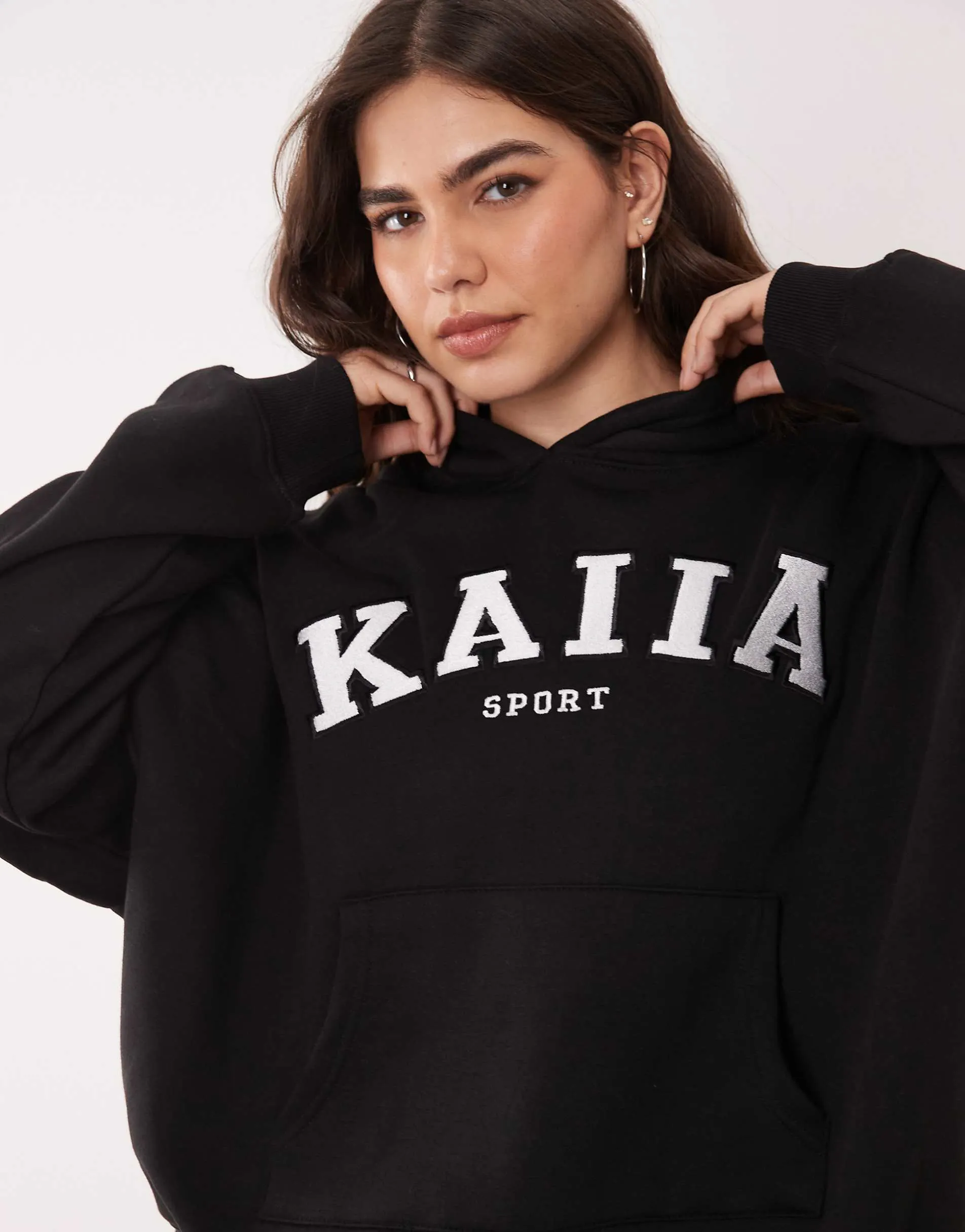 Kaiia Plus cotton blend sport embroidered logo oversized hoodie co-ord in black
