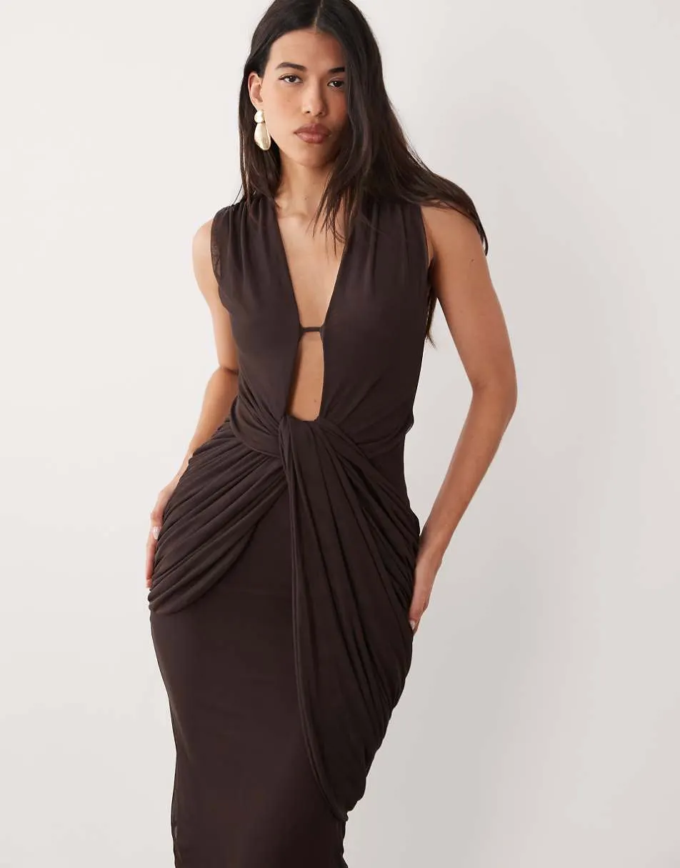 ASOS DESIGN plunge neck gather detail mesh maxi dress in chocolate