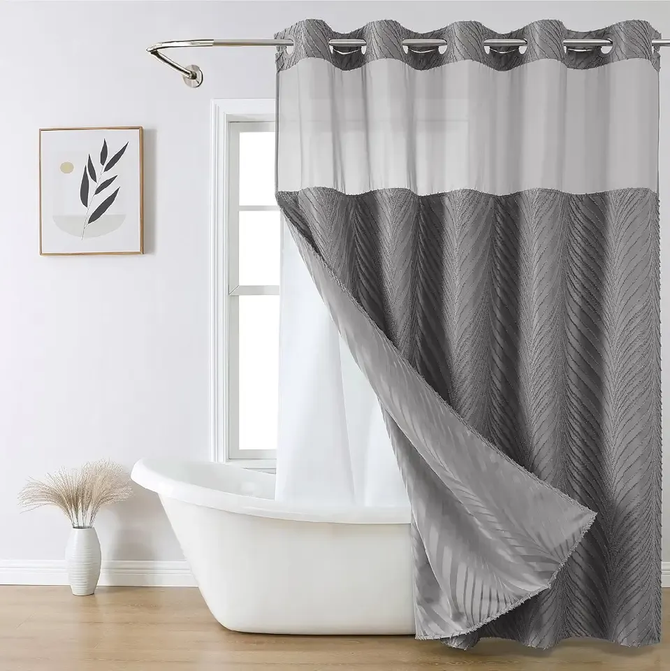 eachope no Hook Shower Curtain and Liner Set,Boho Style with See Through Top Window, Grey Fabric Tufted Striped Textured Outer Curtain & Waterproof Inner Liner, Grey/Gray, 71Wx74H