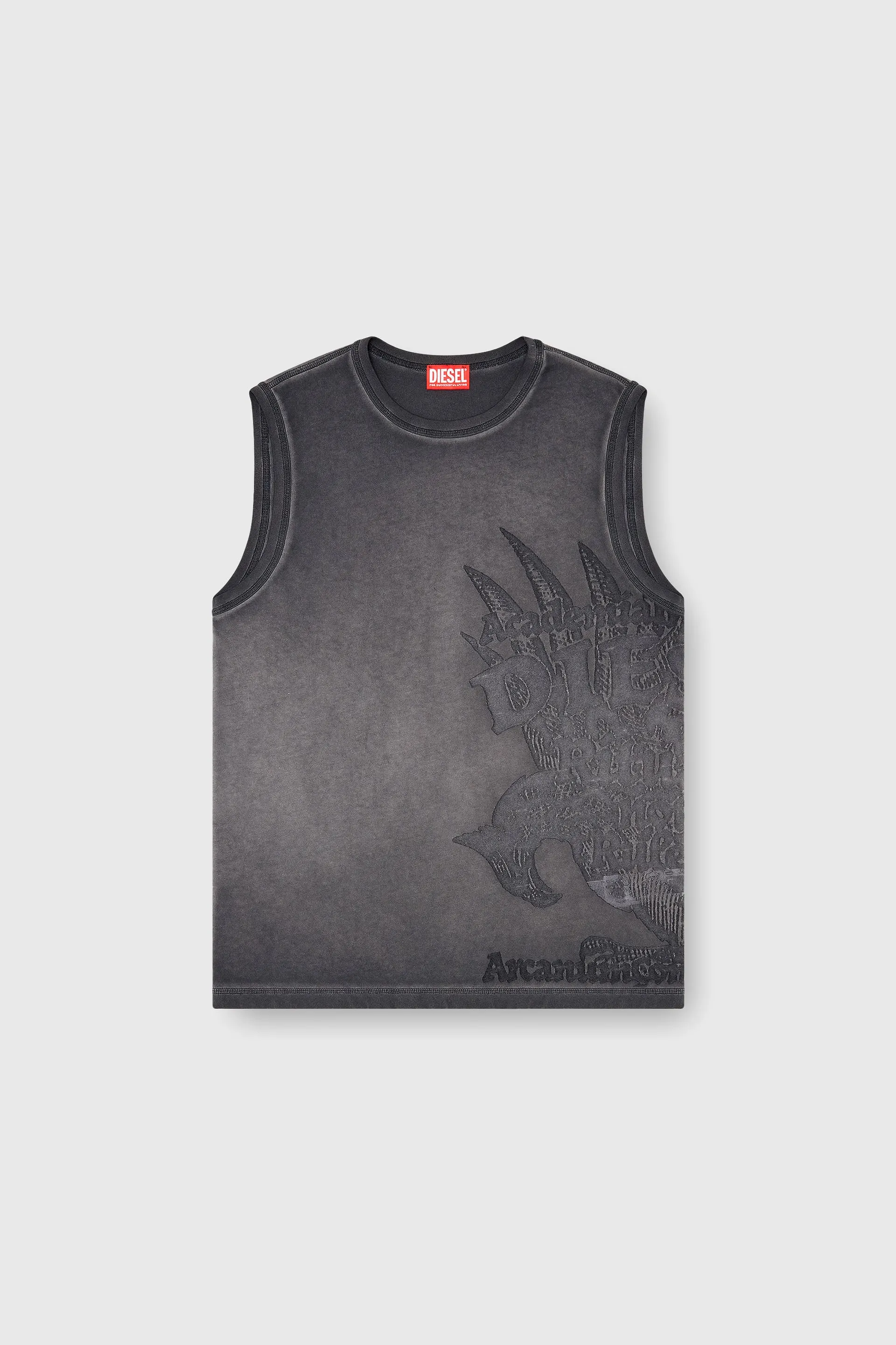 Sleeveless jersey top with embossed graphics