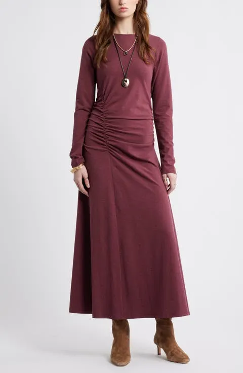 Side Ruched Long Sleeve Stretch Cotton Dress