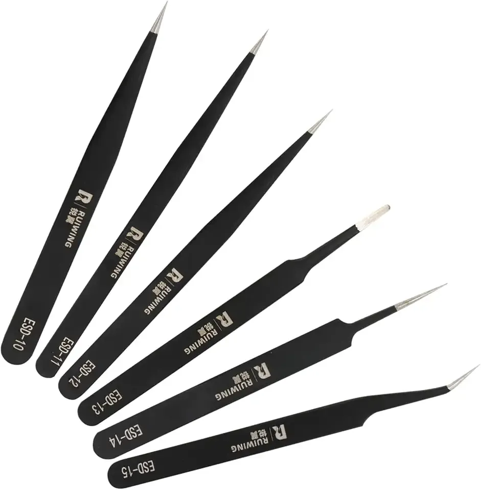 6PCS Precision Tweezers Set, ESD Anti-Static Heavy-Duty Stainless Steel Electronic Tweezers for Electronics Repair, Laboratory, Soldering, Jewelry Making Tools Straight & Curved Tips, Precision Tools