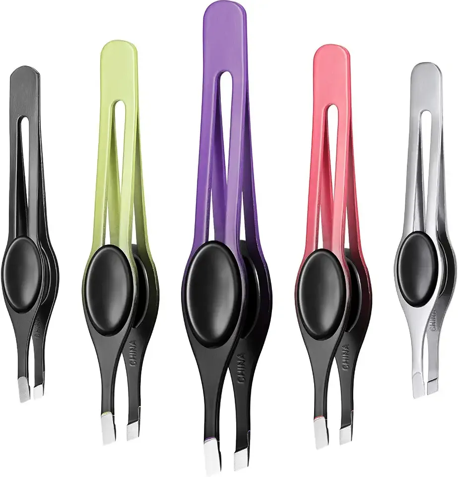 Chumia 5 Pieces Non-Slip Grip Tweezers Slanted Tip Stainless Steel Tweezer Wide Precision Tip Clip Tweezer for Ingrown Hair Eyebrow Shaping Splinter Blackhead Remover (Black Rubber Grip)