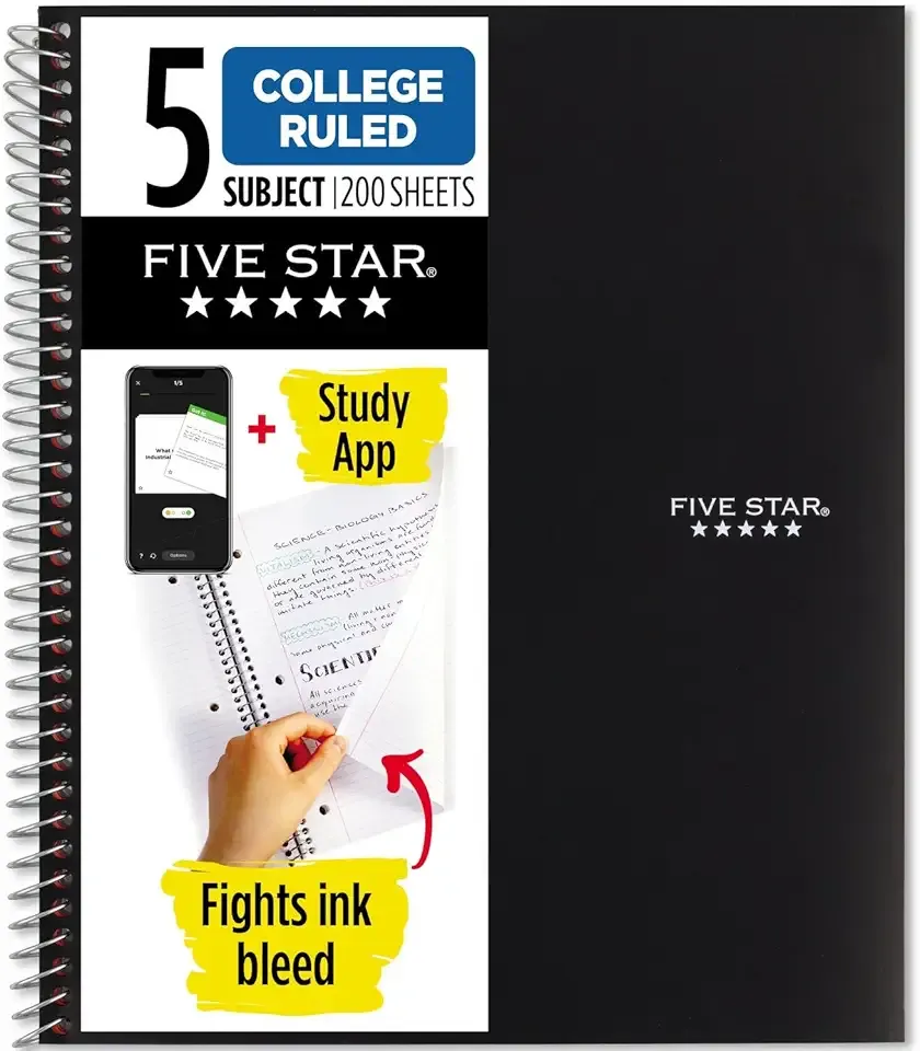 Five Star Spiral Notebook + Study App, 5 Subject, College Ruled Paper, 8-1/2" x 11", 200 Sheets, Fights Ink Bleed, Water Resistant Cover, Black (72081)