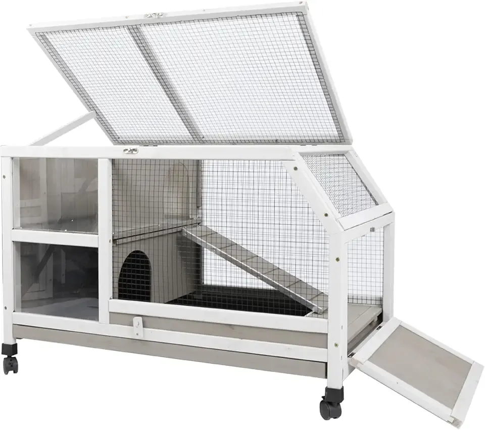 Gowoodhut Indoor Rabbit Hutch - 36''L Outdoor Wooden Bunny Hutch with Wheels Rabbit Cage Guinea Pig Cages Removable Pull Out Tray, Ramp, Hideout, Small Animals Pet House Hamster Ferret for Bunny Cage