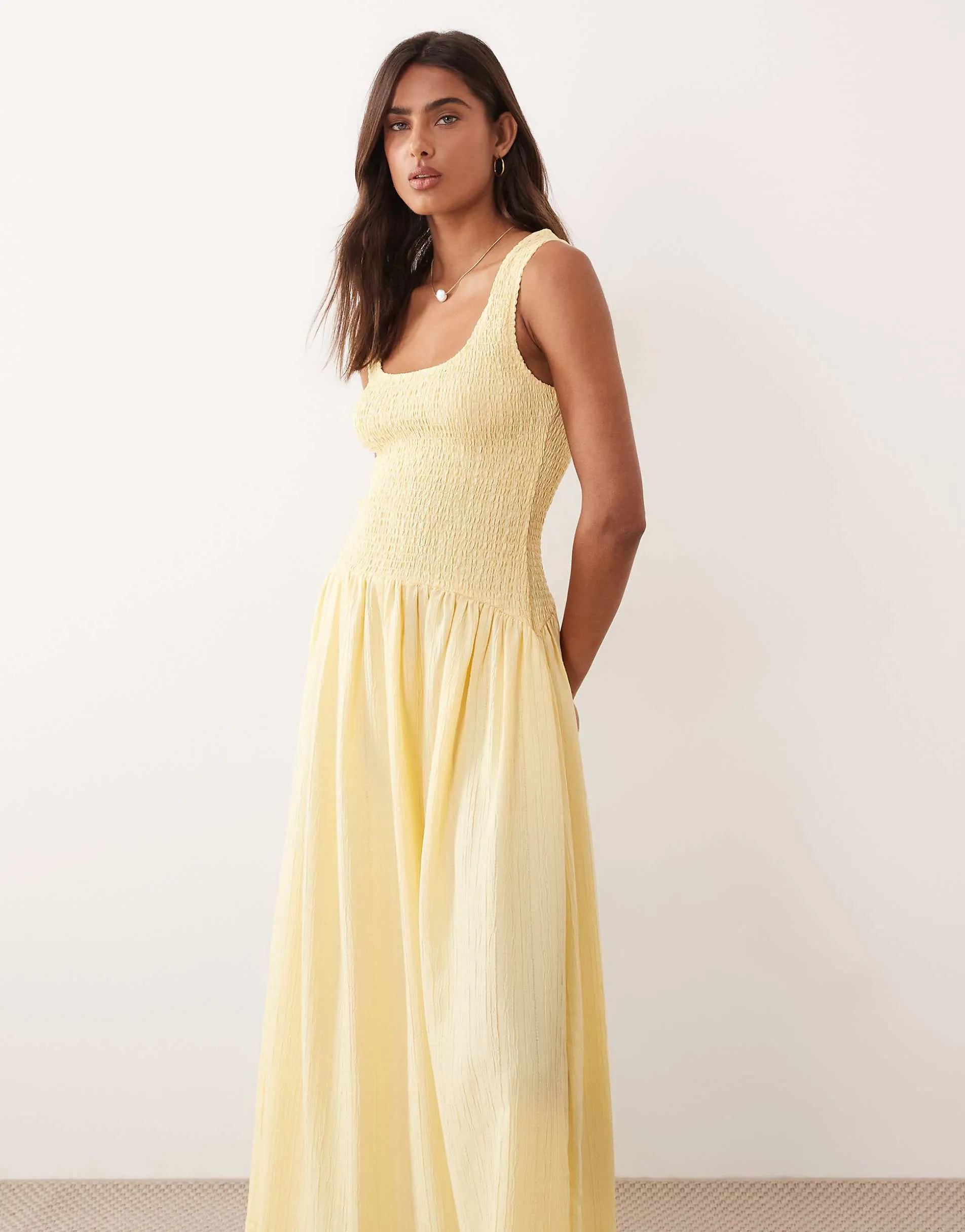 ASOS DESIGN crinkle scoop neck maxi sundress with shirred waist in lemon
