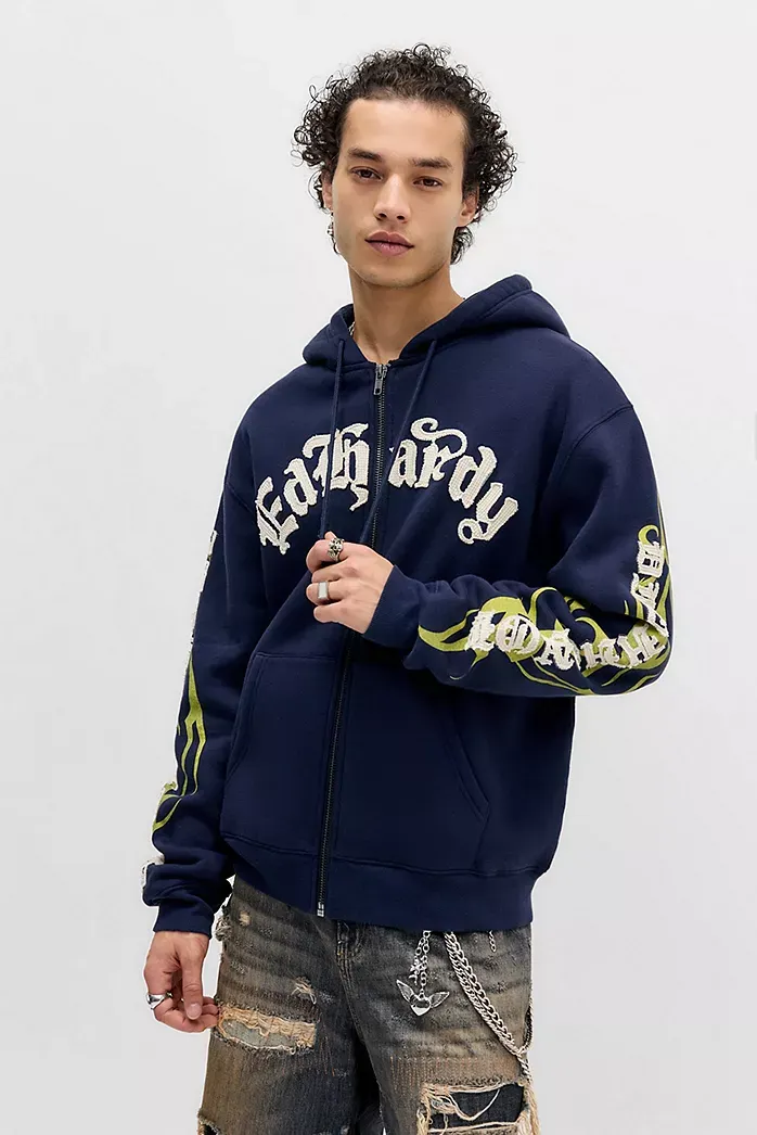 Felpa con cappuccio e cerniera Ed Hardy UO Esclusiva Navy con Applicazioni Tatuaggio