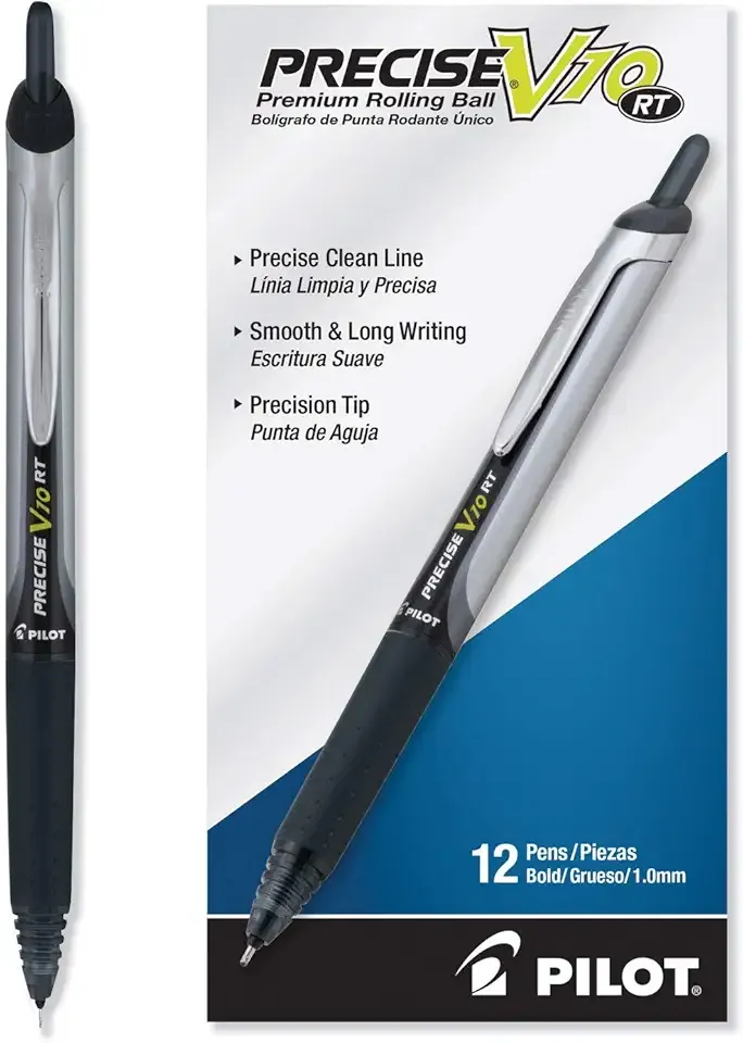 PILOT Precise V10 RT Refillable & Retractable Rolling Ball Pens, Bold Point, Black Ink, 12-Pack (13450)
