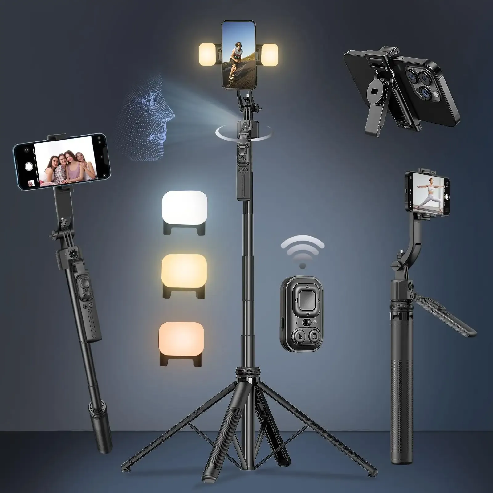 Auto Face Tracking Selfie Stick Tripod for iPhone with Light 360 Rotation 63" Phone Camera Tripod Stand Follows Your Movement with Remote for Content Creator Vlog Live Stream Video Recording