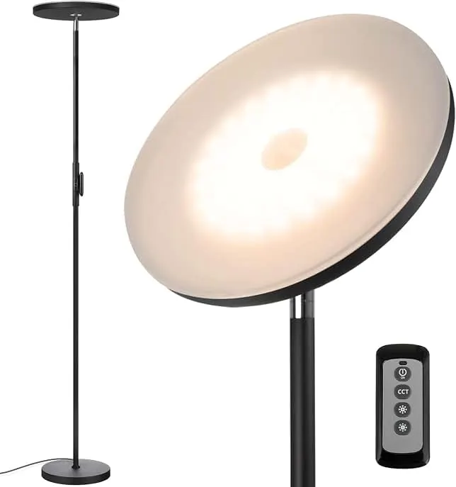 JOOFO LED Torchiere Floor Lamp with Remote, Stepless Dimmable Black | Super bright uplight fills ceilings and dark corners for living r…