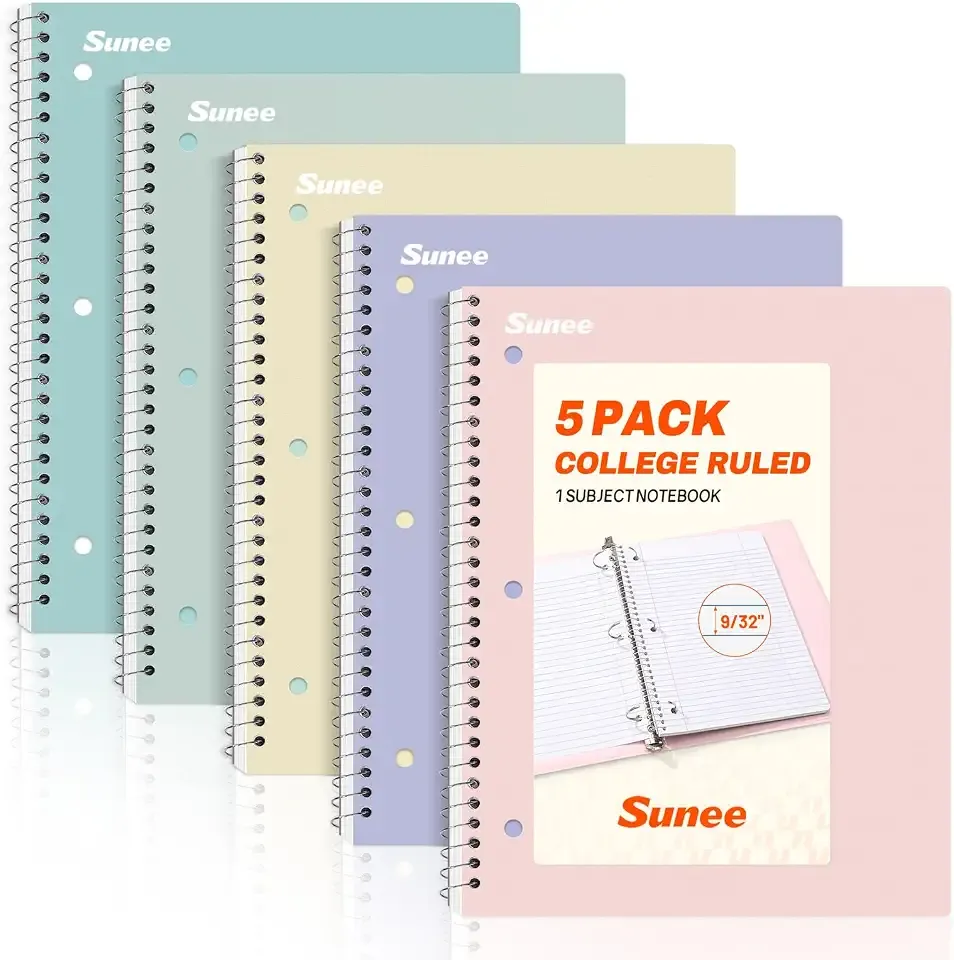 SUNEE Spiral Notebooks, 1-Subject, 5 Pack, College Ruled Paper, 8" x 10-1/2", 70 Sheets per Notebook,3-Hole Punched Paper, Pink,Purple, Blue, Green, Yellow Spiral Lined Notebooks for School,Work