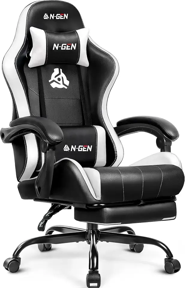 N-GEN GAMING Video Gaming Chair with Footrest Lumbar Support for Home Office High Back Recliner Height Adjustable Ergonomic Comfy Leather Computer Desk Chair (White)