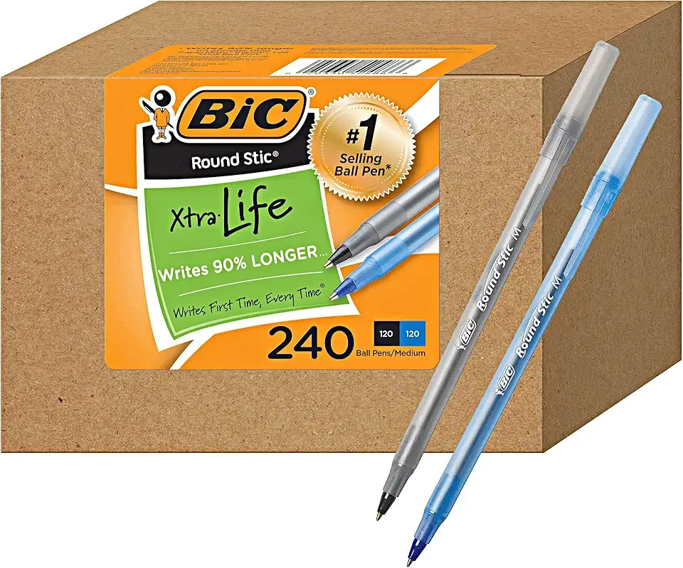 BIC PENS Bulk Pack of 240 Ink Pens, Round Stic Xtra Life Ballpoint, Medium point 1.0 mm, 120 Black & 120 Blue Combo Pack in Bulk
