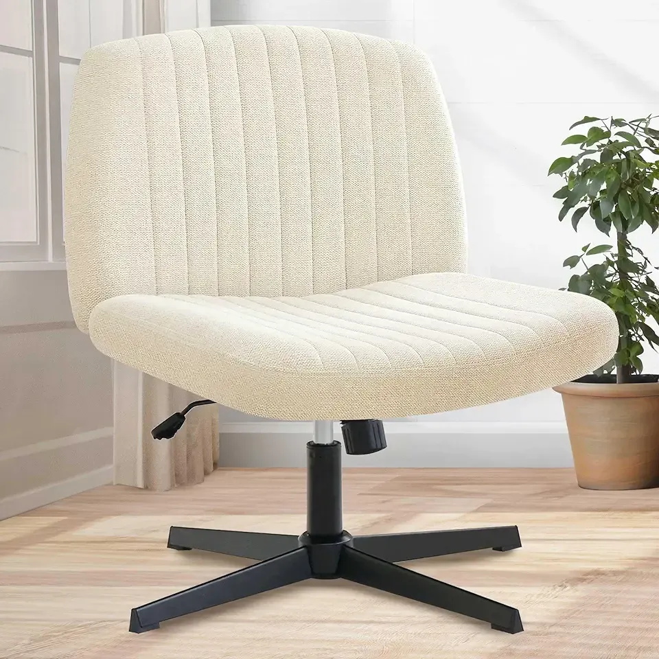Criss Cross Chair No Wheel Wide Cross Legged Office Desk Vanity Chair Comfy Fabric Armless Adjustable Swivel for Home Computer Task (Beige)