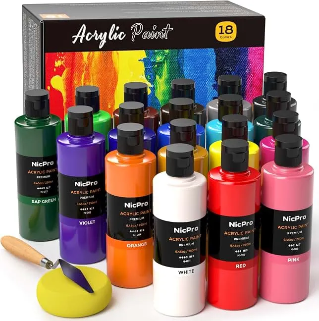 Nicpro 18 Colors Large Bulk Acrylic Paint Set for Artist (8.45 oz, 250 ml) | Rich Art Painting Supplies, Non Toxic for Multi Surface Craft Pumpkin Rock Canvas Wood Glass Paper Window, for Adult Kids