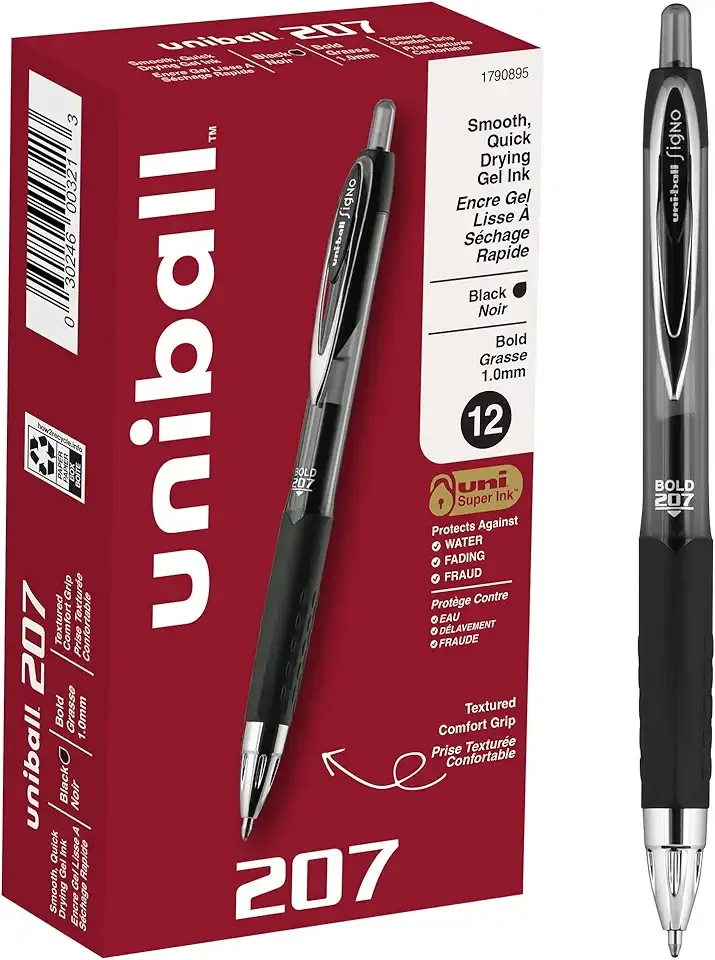 uni-ball 207 Retractable Gel Pens Bold Point, 1mm, Black, 12 Pack