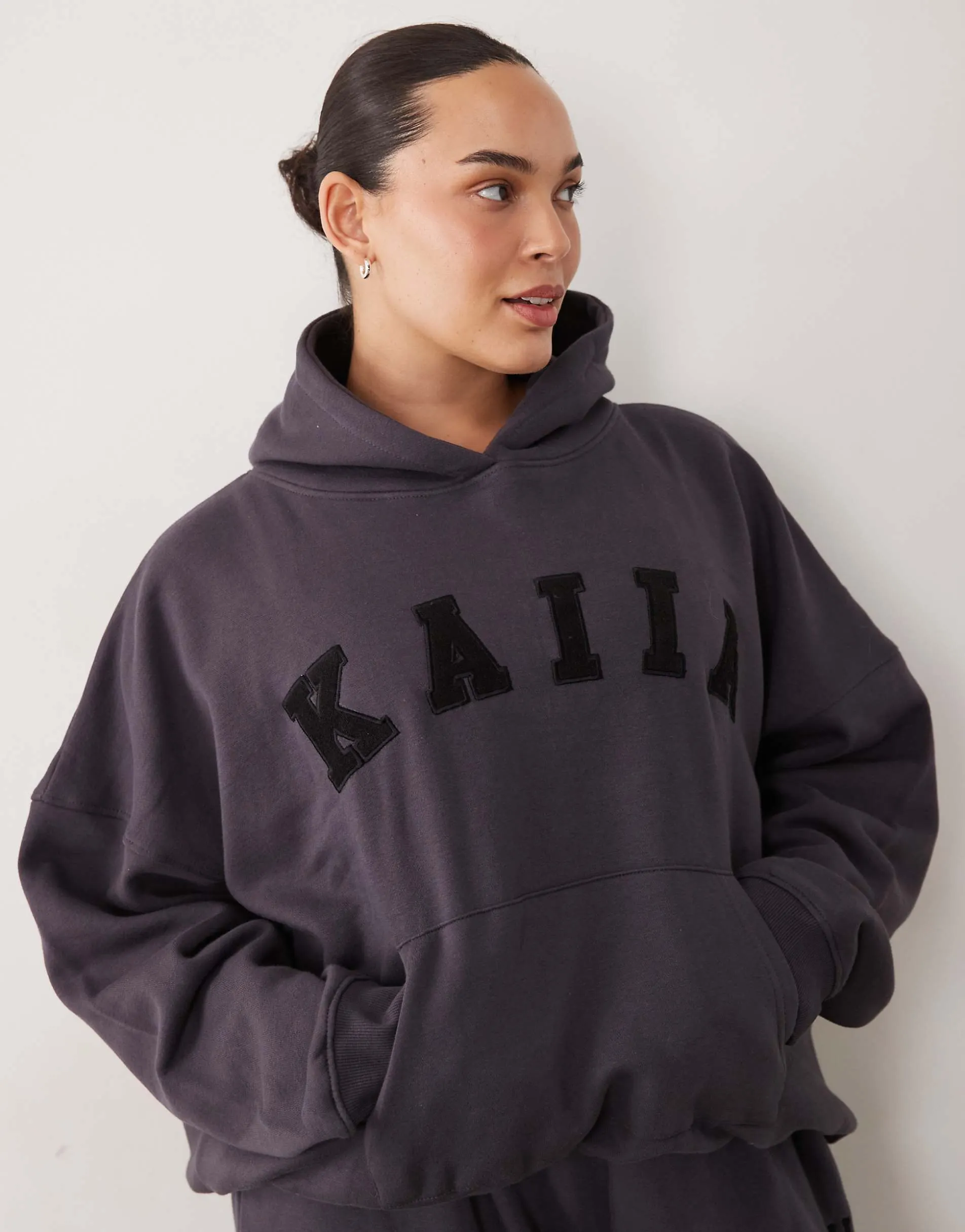 Kaiia Plus cotton blend logo oversized hoodie co-ord in dark grey