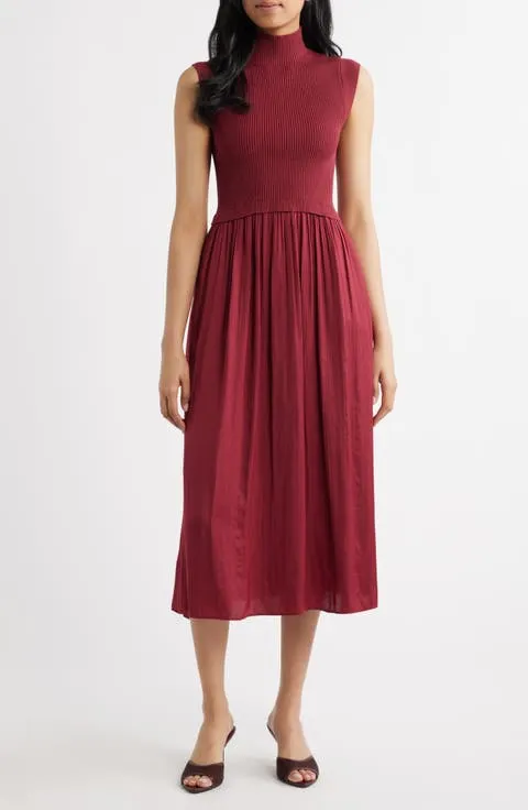 Mixed Media Rib Funnel Neck Midi Dress