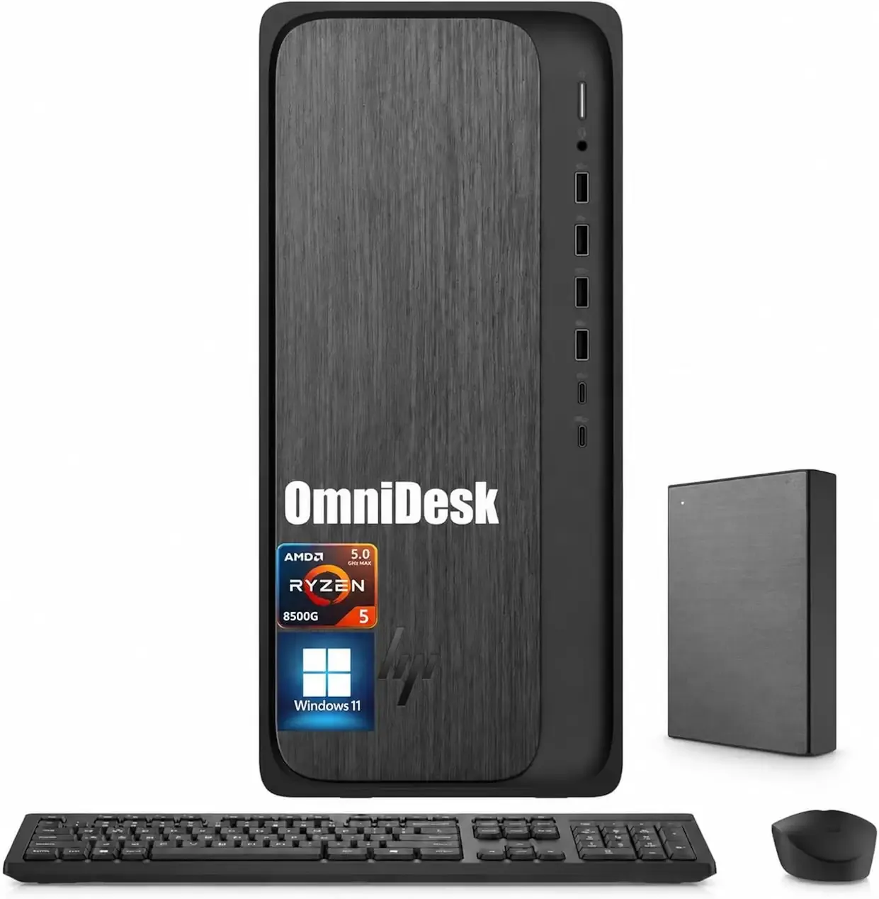 HP OmniDesk Business Tower Desktop, AMD Ryzen 5 8500G(Up to 5GHz), 16GB DDR5, 1TB Storage(512GB SSD+512GB External), WiFi 6, Bluetooth 5.4, Radeon 740M Graphics, 4 Displays, Wireless Keyboard&Mouse