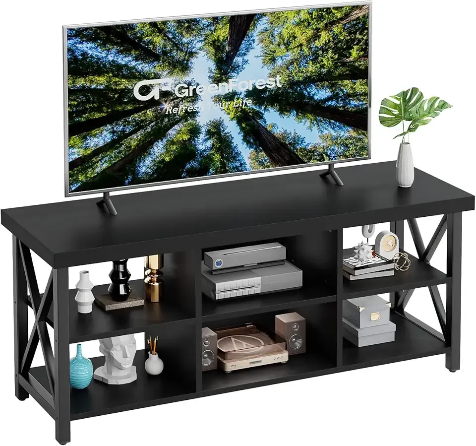 GreenForest TV Stand for TV up to 65 inches, Entertainment Center with 6 Storage Cabinet for Living Room, 55 inch Farmhouse Television Stands Console Table, Industrial TV stands for Living Room, Black